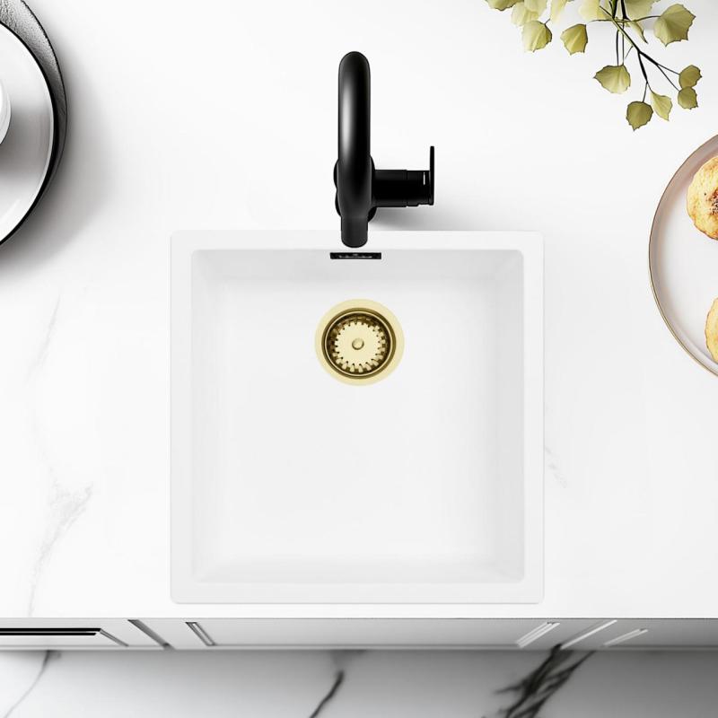 Beli Pomivalno Korito 40x40 cm Podgradnja, Nadgradnja in Ravna Vgradnja z Zlatim Čepom 1208970537