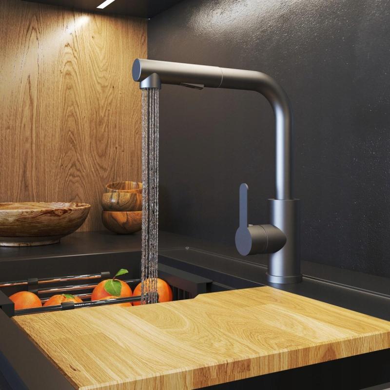 Graniteland Celeste Kuhinjska armatura Gun metal z izvlečno izlivno cevjo in dvofunkcijsko ročno prho 1208970666