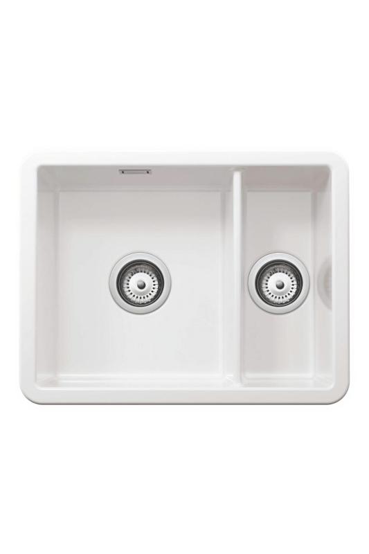 Ausmann Ceramic Ember Keramični beli enojni pomivalni koritec za vgradnjo in podgradnjo 495 x 370 mm z nerjavečimi čepi 1208970736