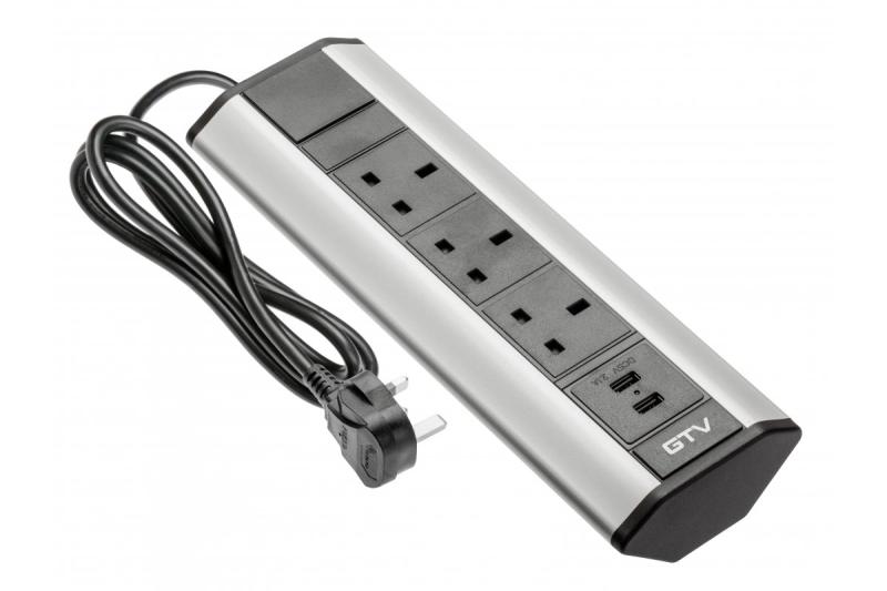 Pisalna podaljševalna vrv z kotnimi 3x UK vtičnicami, 2xUSB 2.1A 5V (srebrna) ANGLEŠKA RAZLIČICA