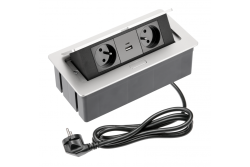MEHKI pohištveni vtičnik 2x vtičnica z ozemljitvijo, USB A+C, napajalni kabel s priključkom, aluminij.