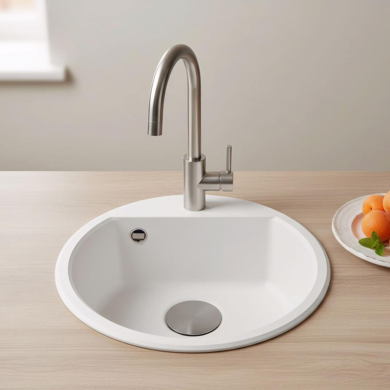 GraniteMy Bremen okroglo granitno pomivalno korito 43 cm belo nadgradnja in podgradnja z luknjo za pipo in kovinsko čepom v barvi pištole 1208971220