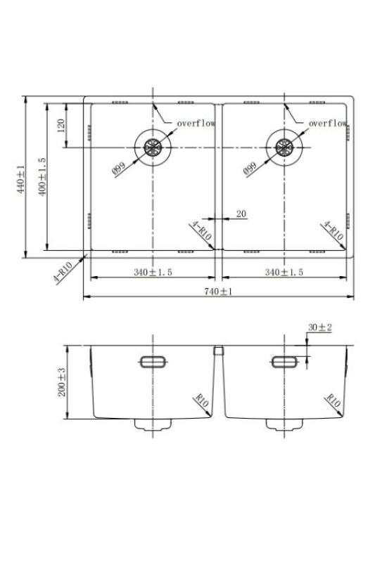 Pure.Sink Prestige Dvojno RVS korito 70x40 cm 10mm radij podgradnja, vgradnja in nadgradnja PPG343440-02