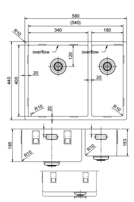 Pure.Sink Exclusivo RVS 1,5 spoelbak in pol in 34+18 cm 10mm radij PEX341840-02