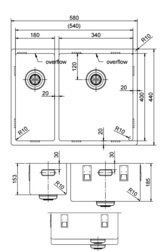 Pure.Sink Exclusivo RVS 1,5 pol in pol umivalnik 18+34 cm 10mm radij PEX183440-02