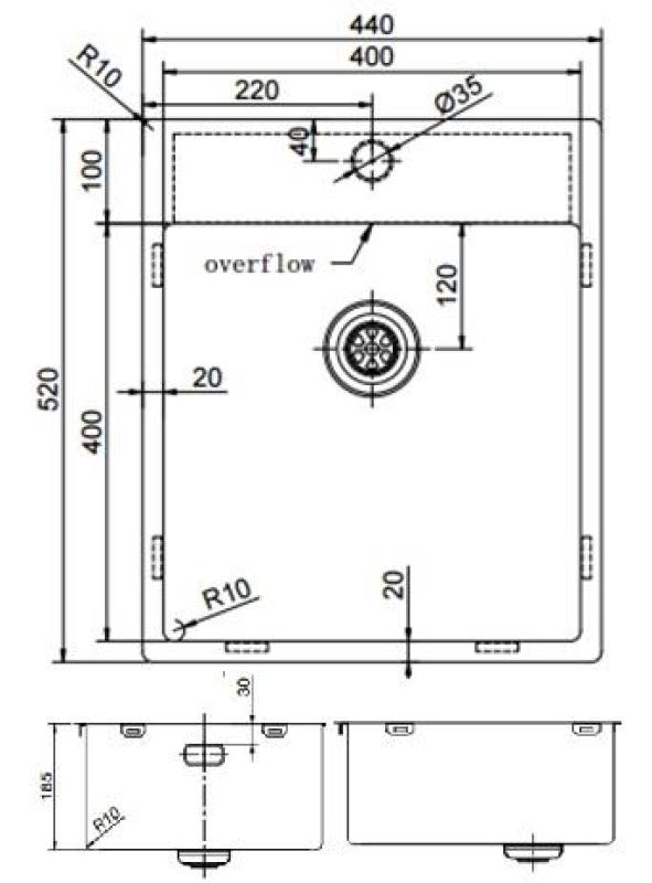Pure.Sink Exclusivo Gun Metal umivalnik 44x52 cm Tapwing z luknjo za pipe 10mm radius PEX4040T-61
