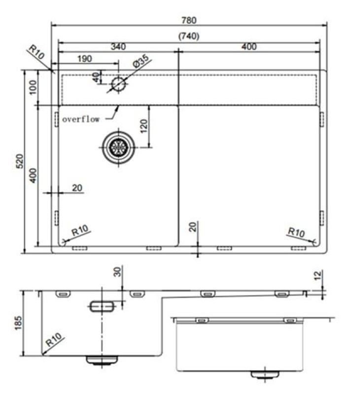 Pure.Sink Exclusivo Gun Metal majhno pomivalno korito z odcejevalnikom 78x52 cm Tapwing levo PEX3478LT-61