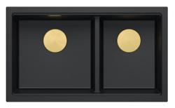 Quadri Newport II Dvojno Črno Granitno Vgradno Pomivalno Korito 702 x 390 mm z Zlatim Čepom 1208971381