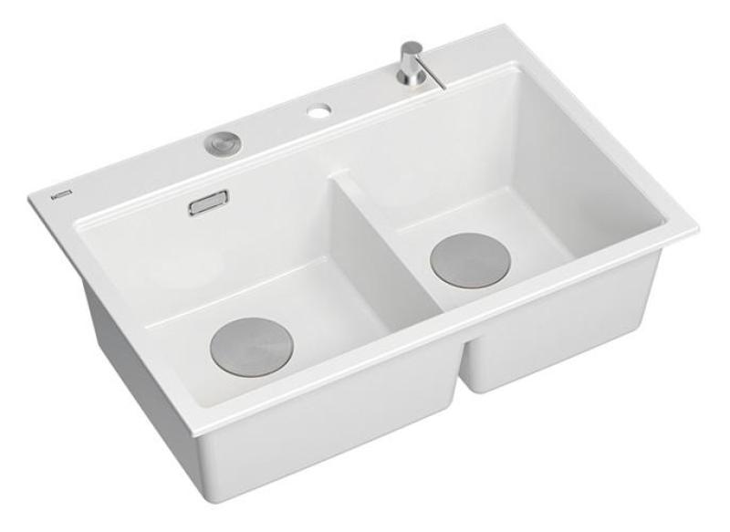 Quadri Hard Rock Dvojni Beli Granitni Nadgradni Umivalnik 76x50 cm z Inox čepom in dodatki 1208971398