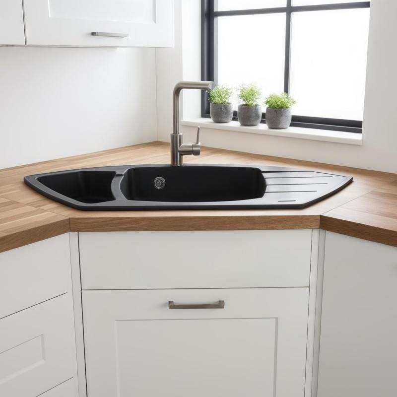 Graniteland Monte Granitni črni kotni umivalnik za vgradnjo 901x538mm z RVS čepom 1208971413