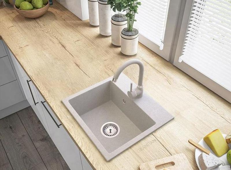 Graniteland Nera Granite Sink 45x42 cm Beige Built-in with Faucet Hole and Stainless Steel Plug 1208971434