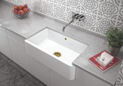 Ausmann Ceramic Mira Keramično Belo Pomivalno Korito - Vgradnja od Spodaj in Med Gradnjo 795 x 460 mm z Zlatim Čepom 1208971466