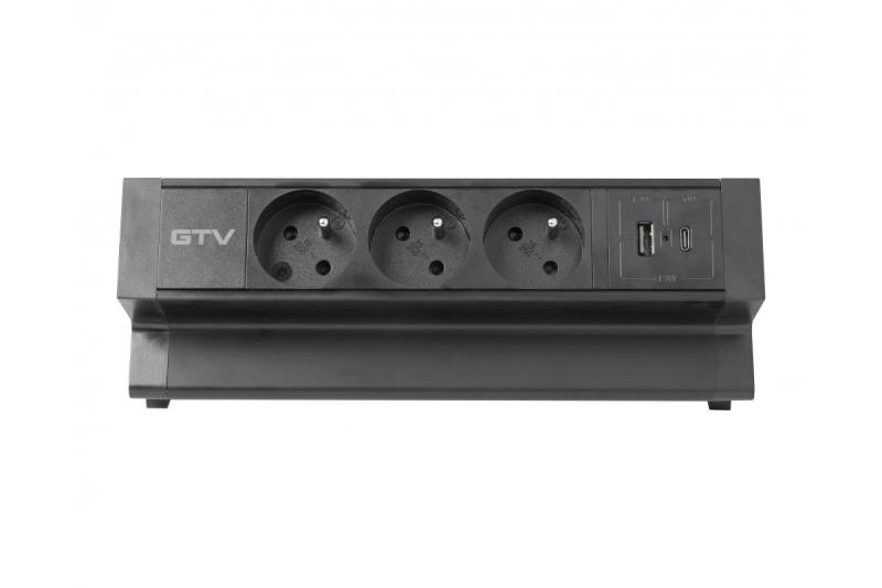 Vtičnica za pohištvo Basco, 3 x vtičnica z ozemljitvijo, USB A+C, 1,5 m kabel, črna z montažo