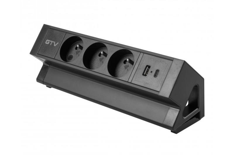 Vtičnica za pohištvo Basco, 3 x vtičnica z ozemljitvijo, USB A+C, 1,5 m kabel, črna z montažo