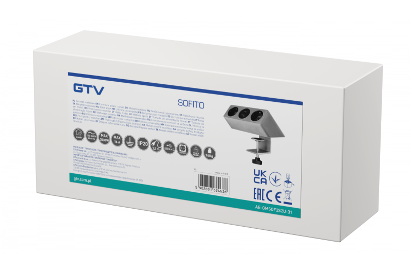 Pohištvena vtičnica SOFITO, 2xSHUKO, USB A+C, kabel 1,5 m, siva flisaka