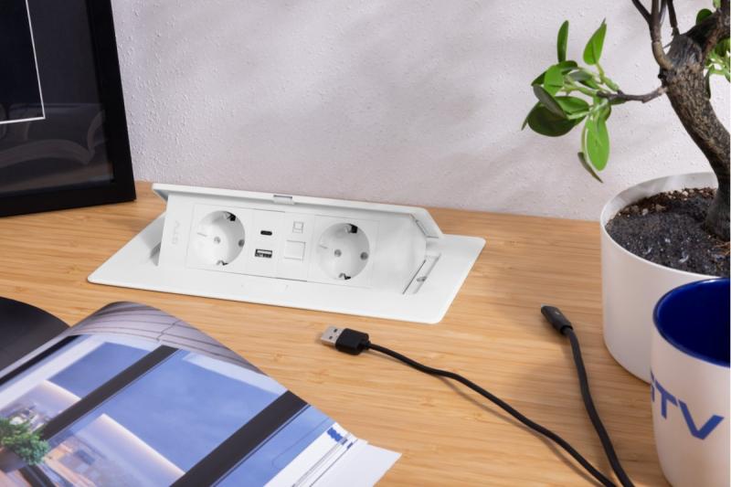 Pohištvena vtičnica MULTISOFT, 2xSHUKO, USB A+C, RJ45, kabel 1,5 m, bela