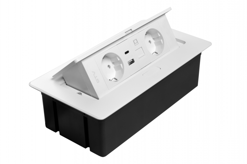 Pohištvena vtičnica MULTISOFT, 2xSHUKO, USB A+C, RJ45, kabel 1,5 m, bela