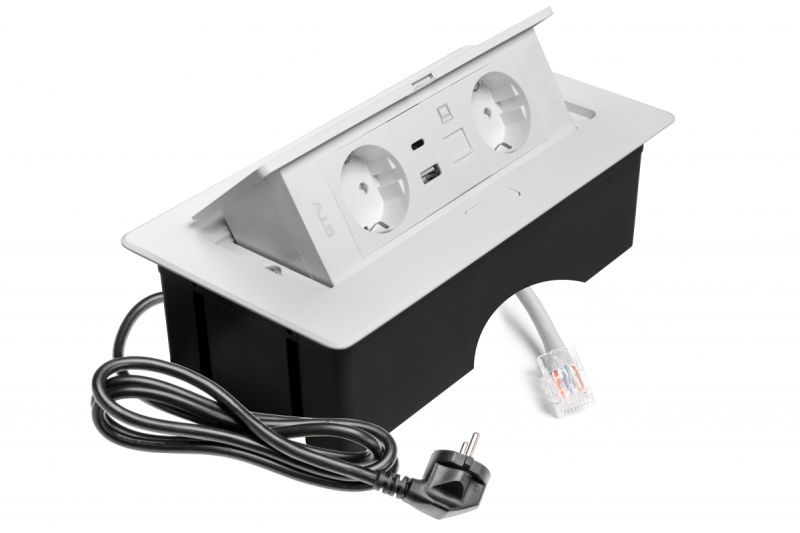 Pohištvena vtičnica MULTISOFT, 2xSHUKO, USB A+C, RJ45, kabel 1,5 m, bela