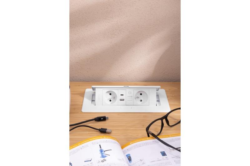 MULTISOFT Pohištvena vtičnica 2x vtičnica z ozemljitvijo, USB A+C, RJ45, napajalni kabel s priključkom, bela