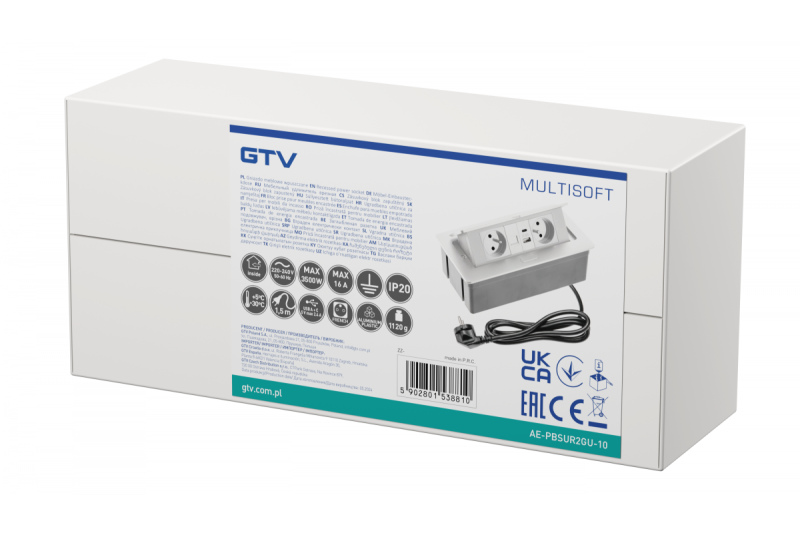 MULTISOFT Pohištvena vtičnica 2x vtičnica z ozemljitvijo, USB A+C, RJ45, napajalni kabel s priključkom, bela