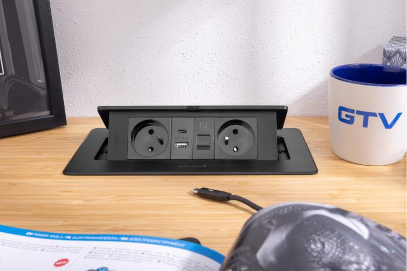 MULTISOFT Pohistvena vtičnica 2x vtičnica z ozemljitvijo, USB A+C, RJ45, napajalni kabel z vtičem, črna