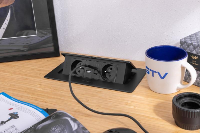 MULTISOFT Pohistvena vtičnica 2x vtičnica z ozemljitvijo, USB A+C, RJ45, napajalni kabel z vtičem, črna