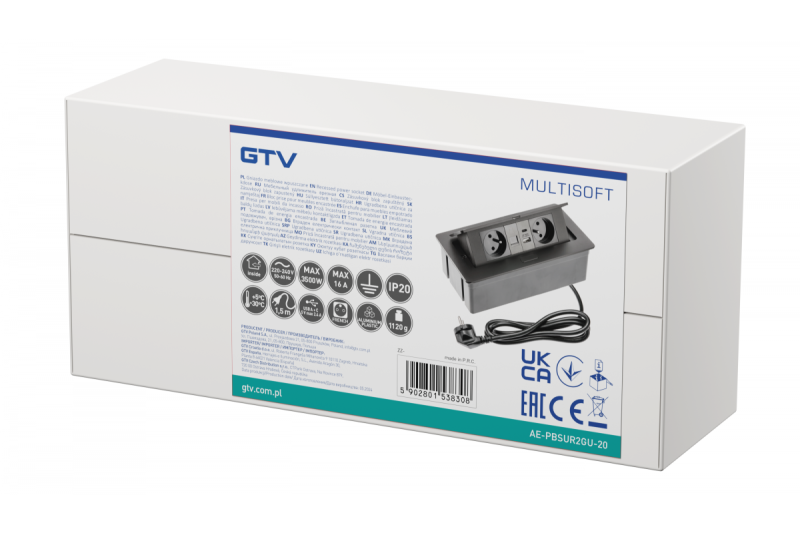 MULTISOFT Pohistvena vtičnica 2x vtičnica z ozemljitvijo, USB A+C, RJ45, napajalni kabel z vtičem, črna