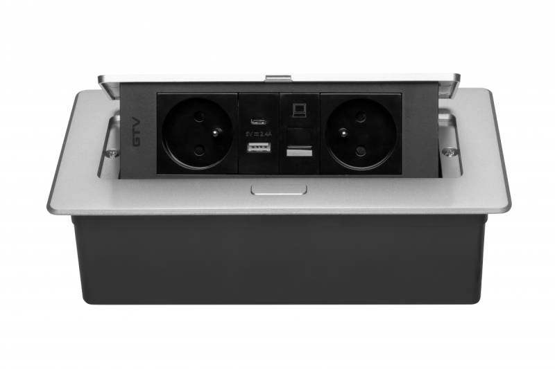 MULTISOFT Vtičnica za pohištvo 2x vtičnica z ozemljitvijo, USB A+C, RJ45, napajalni kabel s priključkom, aluminij