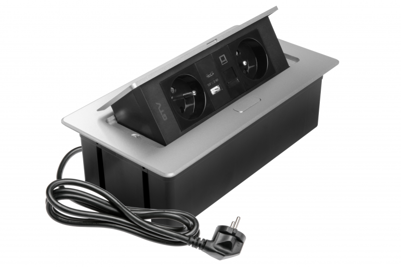 MULTISOFT Vtičnica za pohištvo 2x vtičnica z ozemljitvijo, USB A+C, RJ45, napajalni kabel s priključkom, aluminij