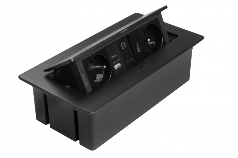 Pohištvena vtičnica MULTISOFT, 2xSHUKO, USB A+C, RJ45, HDMI kabel 1,5 m, črna