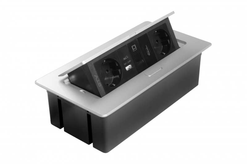 Pohištvena vtičnica MULTISOFT, 2xSHUKO, USB A+C, RJ45, HDMI kabel 1,5 m, aluminij