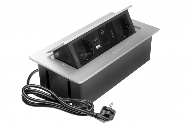 Pohištvena vtičnica MULTISOFT, 2xSHUKO, USB A+C, RJ45, HDMI kabel 1,5 m, aluminij