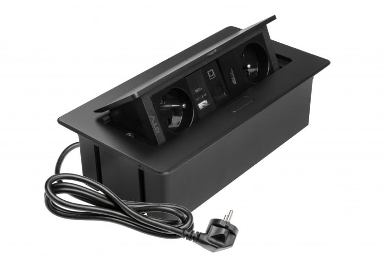 MULTISOFT pohištvena vtičnica 2x vtičnica z ozemljitvijo, USB A+C, RJ45, HDMI, napajalni kabel z vtikačem, črna