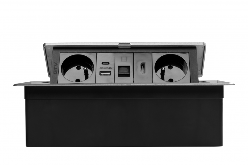 MULTISOFT pohištvena vtičnica 2x vtičnica z ozemljitvijo, USB A+C, RJ45, HDMI, napajalni kabel s priključkom, aluminij