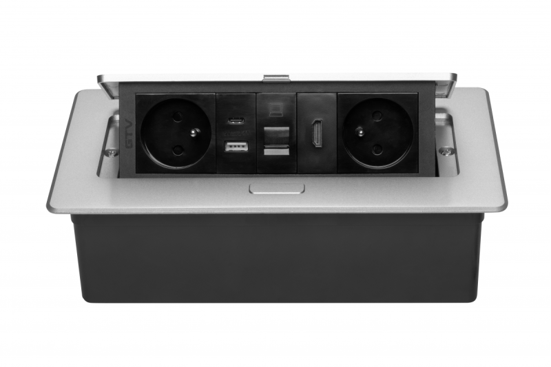 MULTISOFT pohištvena vtičnica 2x vtičnica z ozemljitvijo, USB A+C, RJ45, HDMI, napajalni kabel s priključkom, aluminij