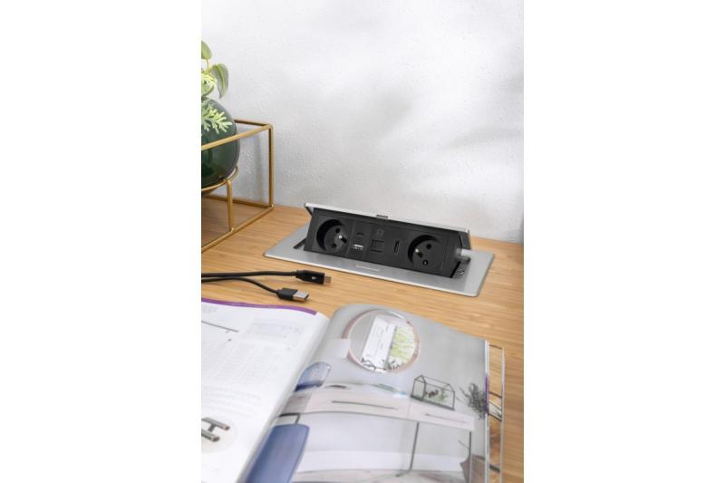MULTISOFT pohištvena vtičnica 2x vtičnica z ozemljitvijo, USB A+C, RJ45, HDMI, napajalni kabel s priključkom, aluminij