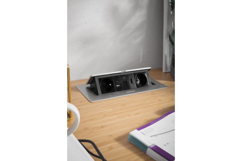 MULTISOFT pohištvena vtičnica 2x vtičnica z ozemljitvijo, USB A+C, RJ45, HDMI, napajalni kabel s priključkom, aluminij