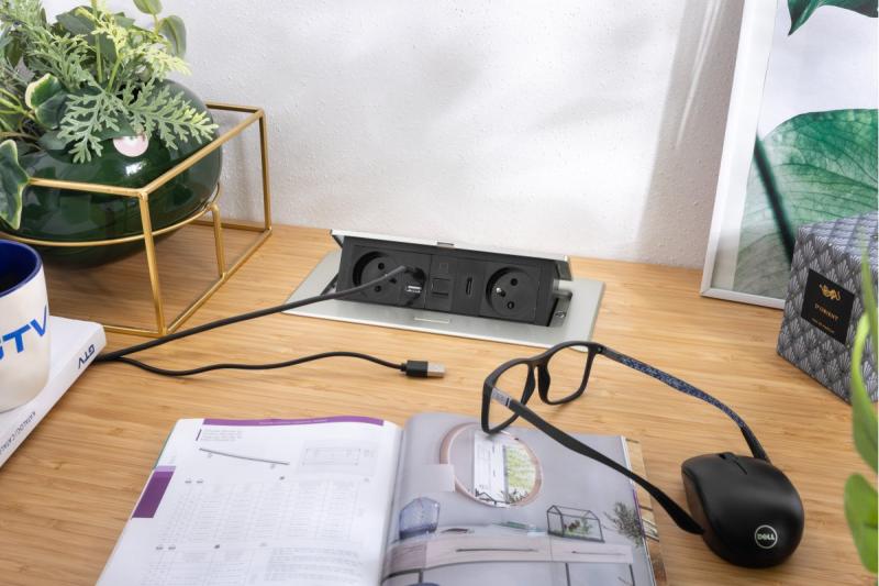 MULTISOFT pohištvena vtičnica 2x vtičnica z ozemljitvijo, USB A+C, RJ45, HDMI, napajalni kabel s priključkom, aluminij