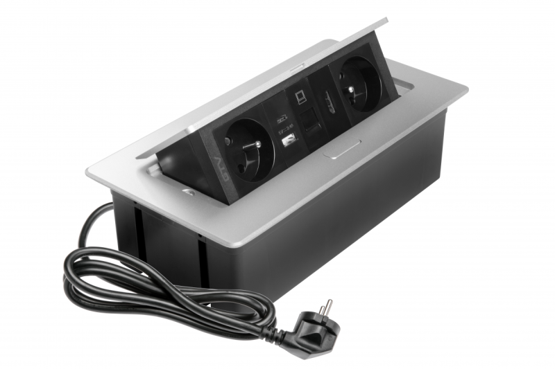 MULTISOFT pohištvena vtičnica 2x vtičnica z ozemljitvijo, USB A+C, RJ45, HDMI, napajalni kabel s priključkom, aluminij