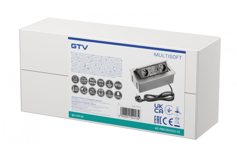 MULTISOFT pohištvena vtičnica 2x vtičnica z ozemljitvijo, USB A+C, RJ45, HDMI, napajalni kabel s priključkom, aluminij