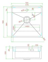 Pure.Sink Luxion Bakreni pomivalni korit 51x50 cm Tapwing z odprtino za pipo PLX5150T-62