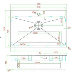 Pure.Sink Luxion Velika kovinska pomivalna korita 78x50 cm Tapwing z odprtino za pipo PLX7850T-61