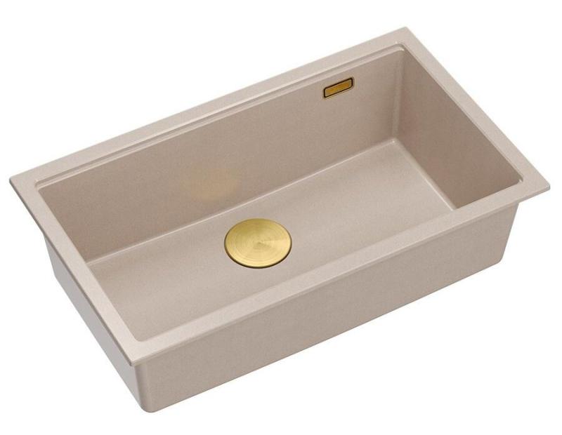 Quadri Newport II veliko in globoko pomivalno korito iz granita za vgradnjo in podgradnjo v bež barvi, velikosti 76x45cm z zlatim čepom 1208971759