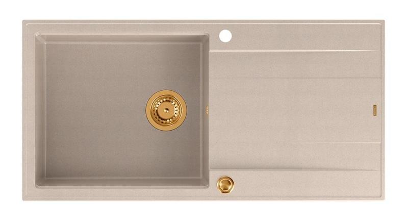 Quadri Luton pearl beige granitni nadgradni umivalnik z odcejevalno površino, preklopni 100x50cm z bakreno vtičnico 1208971770