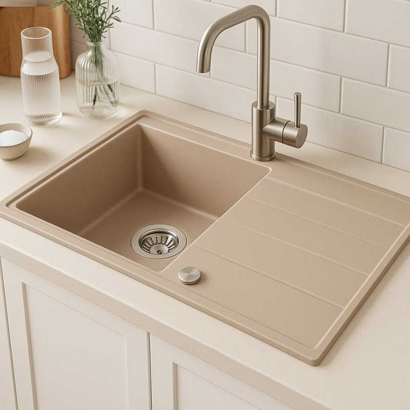Quadri Luton pearl beige granitni nadgradni umivalnik z odcejalnikom, reverzibilen 86x50cm z rjavo jekleno vtičnico 1208971779