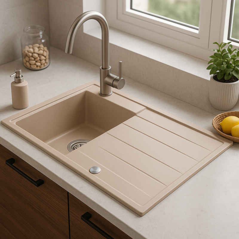 Quadri Luton pearl beige granitni nadgradni umivalnik z odcejalnikom, reverzibilen 86x50cm z rjavo jekleno vtičnico 1208971779
