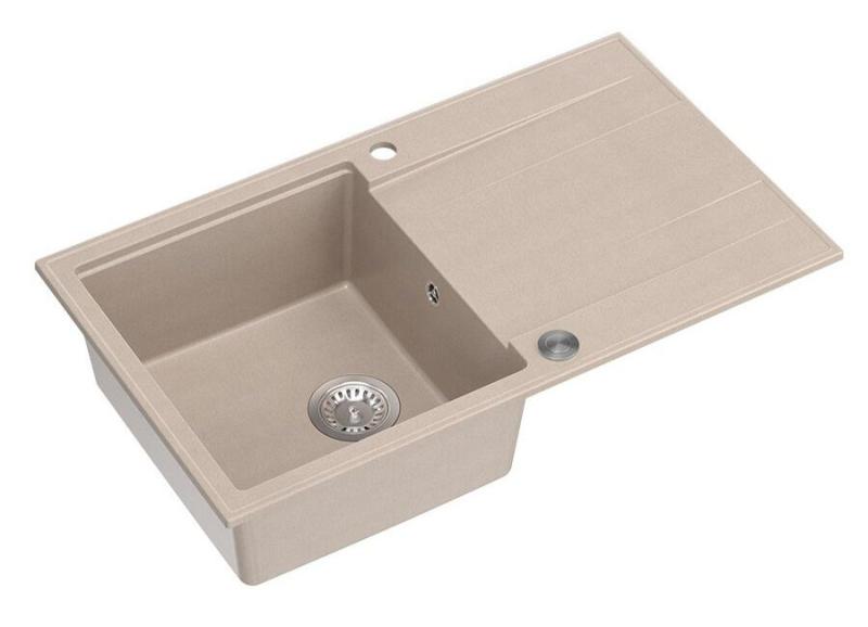 Quadri Luton pearl beige granitni nadgradni umivalnik z odcejalnikom, reverzibilen 86x50cm z rjavo jekleno vtičnico 1208971779