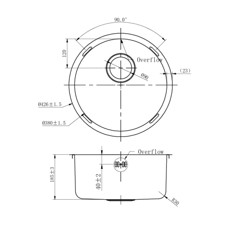 Pure.Sink Rondo Bakreni Okrogli Pomivalni Korito za površinsko vgradnjo, podgradnjo in nadgradnjo 38 cm PRN38-62