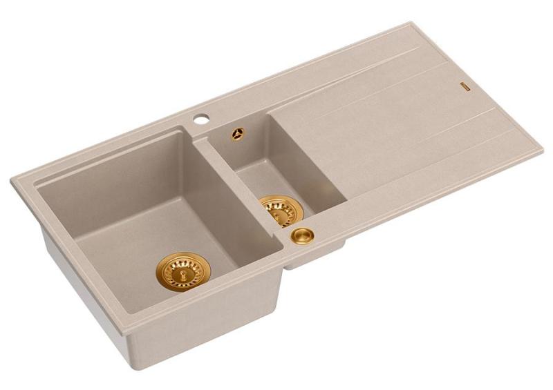 Quadri Luton pearl beige granitni nadgradni umivalnik z 1,5 bazena in odcejalno površino, obrnljiv 100x50cm z bakrenim zamaškom 1208971792