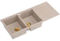 Quadri Luton nadgradnja dvojnega granitnega pomivalnega korita pearl beige z odcejalnikom 116x50 cm z zlatim čepom 1208971809